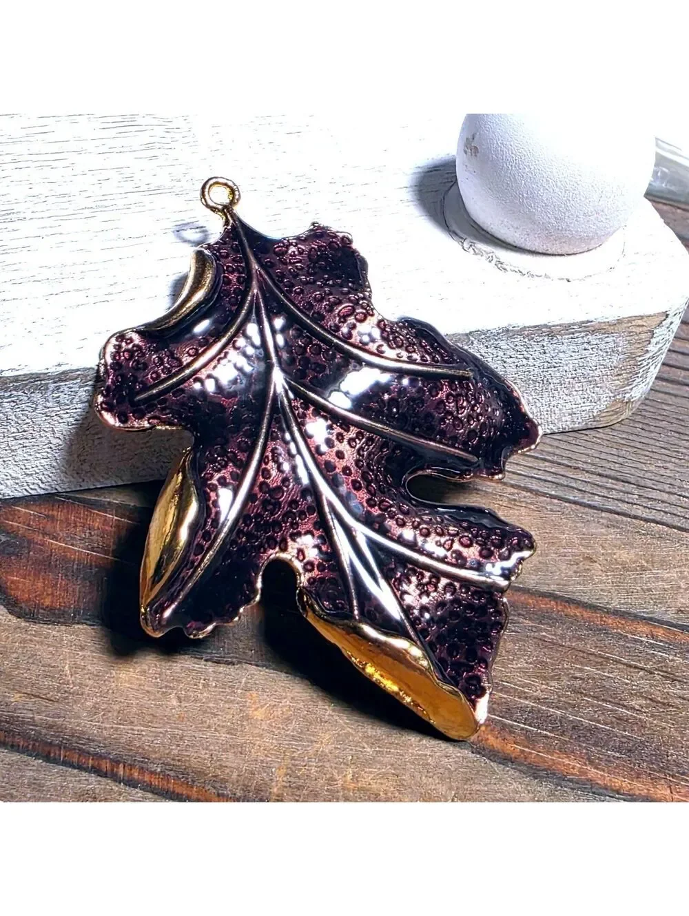 Coppery Brown Enamel on Gold Tone Alloy 3D Textured Large Autumn Leaf Pendant
